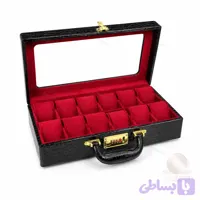 جعبه ساعت چرمی لوکس ۱۲ خانه مشکی داخل قرمز قفل رمزی