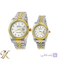 ست ساعت مچی رولکس (Rolex) دیت جاست – دو رنگ نقره ای طلایی – صفحه سفید نگین‌ دار – کیفیت A+++