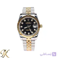 ساعت مچی مردانه رولکس (Rolex) دیت جاست – ترکیب طلایی نقره ای – صفحه مشکی نگین‌ دار – موتور ژاپن