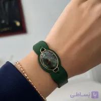 خرید دستبند چرم طبیعی سبز با سنگ عقیق شجر 💚 | تیما