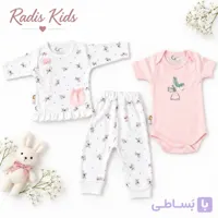 ست سه تیکه نوزادی دخترانه آستین بلند جلودکمه، تیشرت زیردکمه و شلوار طرح فرشته صورتی کد76
