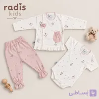 ست سه تیکه نوزادی دخترانه آستین بلند جلو دکمه، آستین کوتاه زیردکمه و شلوار طرح کیتی ریز کد70