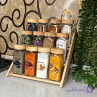 استند جا ادویه چوبی دو حالته با شیشه درب چوبی