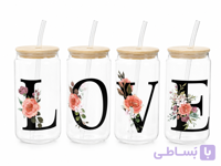 لیوان پیرکس نی‌دار طرح LOVE گلدار (ست ۴ عددی)