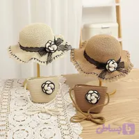 ست شیک کلاه و کیف حصیری گل‌دار دخترانه