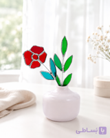 گل دکوراتیو شیشه‌ای تیفانی گلس «گل سرخ با گلدان»