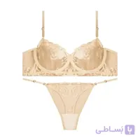 ست شورت و سوتین زنانه فانتزی تورگاز گلدوزی شده فنردار رنگ کرمی - رستن