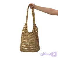کیف دوشی حصیری زنانه مدل توری و مکرومه‌بافت با آستر داخلی – قهوه‌ای روشن