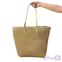 کیف حصیری زنانه بزرگ مدل توت‌بگ با دسته چرمی – کرم نخودی