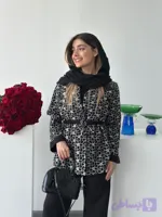 کت زنانه لینن خامه دوزی گلدار سفید مشکی کمر دار آستین بلند