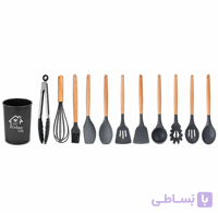 ست ۱۲ پارچه کفگیر و ملاقه سیلیکونی دسته چوبی به همراه استند | نسوز و مقاوم