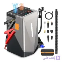 جامپ استارتر و پمپ باد چندکاره مدل GF01 | استارت خودرو، کمپرسور باد، پاوربانک و چراغ اضطراری