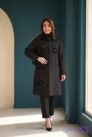 مانتو مجلسی مشکی سنگ‌دوزی نامتقارن گل‌دار (آفتابگردان)
