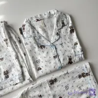 ست بلوز و شلوار و شلوارک نخی موسلین طرح تدی و شکوفه آبی