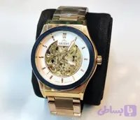 ساعت مچی مردانه ORIENT اورینت فلزی اتوماتیک مکانیکی درب پشت شیشه ای بند و قاب رزگلد صفحه سفید اسکلتون موتور پیدا کد 031
