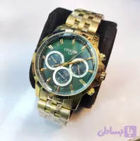 ساعت مچی مردانه CITIZEN سیتیزن سه موتور فعال فول تایم فلزی بند و قاب طلایی صفحه سبز کد 31622