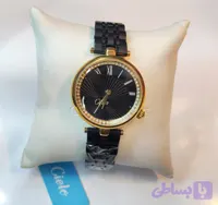 ساعت مچی زنانه CIELO سیلو فلزی کلاسیک ظریف بند مشکی قاب رزگلد صفحه مشکی دور صفحه نگین دار کد 1758