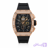 ساعت مچی مردانه RichardMille ریچارد میل سه موتور فعال اتوماتیک مکانیکی درب پشت شیشه ای موتور پیدا اسکلتون قاب پرنگین رزگلدفلزی بند رابر مشکی صفحه مشکی
