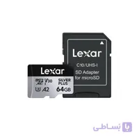 کارت حافظه microSDXC لکسار Lexarمدل SILVER PLUS کلاس A2 استاندارد UHS-U3 سرعت 205MBps ظرفیت 64 گیگابایت به همراه آداپتور SD