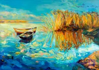 پوستر دیواری منظره قایق روی آب با سبک نقاشی روغنی – طبیعت آرامش‌بخش