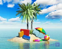 پوستر دیواری جزیره ساحلی با نخل و وسایل تفریحی – طرح شادی‌بخش تابستانی