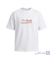 تیشرت یقه گرد مردانه باکسی طرح دار پنبه دو رو سفید مدل 50967