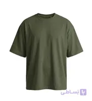 تیشرت یقه گرد مردانه باکسی ساده پنبه یک رو سبز ارتشی مدل 49486