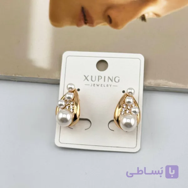 گوشواره طلایی مرواریدی با نگین ژوپینگ