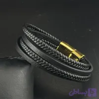 دستبند مردانه چرم مشکی چند لاین با قفل آهنربایی