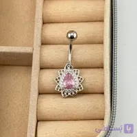پیرسینگ ناف نقره‌ای با نگین اشکی صورتی