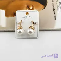 گوشواره ژوپینگ طلایی با مروارید آویزدار و برگ نگینی