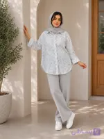 شومیز بنزلی طرح گل سفید_آبی آسمانی