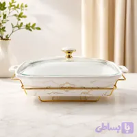 ظرف چینی وارمر دار درب پیرکس مستطیلی پایه فلزی طلایی برند ریور