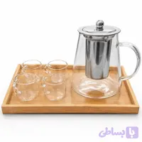 قوری پیرکس همراه با 4عدد فنجان شیشه‌ای و سینی بامبو