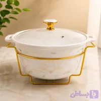 ظرف چینی وارمر دار درب پیرکس گرد پایه فلزی طلایی برند ریور