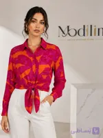 شومیز لینن زنانه نارنجی سرخابی گل‌درشت با گره جلو