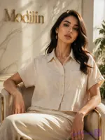 شومیز زنانه لینن کرم آستین کوتاه