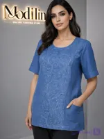 تونیک زنانه آبی گلدوزی لینن ایتالیایی