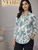 شومیز زنانه سفید گلدار لینن آستین بلند