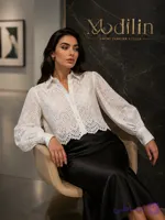 شومیز زنانه سفید خامه‌دوزی گلدوزی گل‌دار آستین بلند