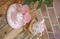 ست سرامیکی چای‌خوری ۵ تیکه طرح آبرنگی صورتی نقاشی شده