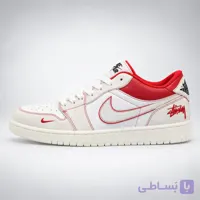 کتونی مردانه نایکی ایر جردن ۱ لو استوسی سفید قرمز | Nike Air Jordan 1 Low Stussy White Red