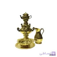 سرویس سماور ذغالی برنجی 5 پارچه توپی چکش کاری سه لیتری