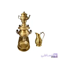 سرویس سماور ذغالی برنجی 5 پارچه مدل خطی قلم زنی شش لیتری
