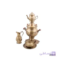 سرویس سماور ذغالی برنجی 5 پارچه مدل خطی 3 لیتری