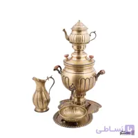 سرویس سماور ذغالی برنجی 5 پارچه مدل خطی چکش کاری شش لیتری