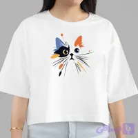 تیشرت کراپ زنانه طرح گربه رنگی