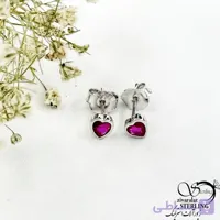 گوشواره میخی نقره مدل قلب با نگین صورتی کد 21602