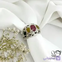 انگشتر مردانه نقره 925 عیار سنگ (زمرد، یاقوت سرخ و زرد) کد 21448