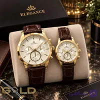 ست ساعت مچی زوج الگانس طرح کرونو کلاسیک با بند چرم مشکی Elegance